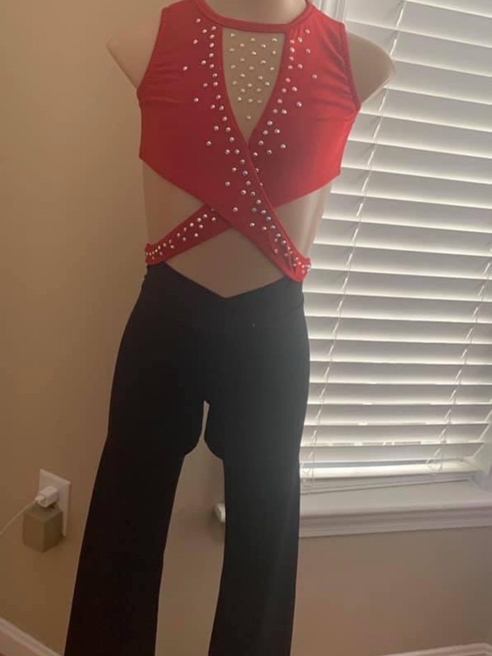 Glamour Red Rhinestone Cross-Front Dance Top and Black Pants Set